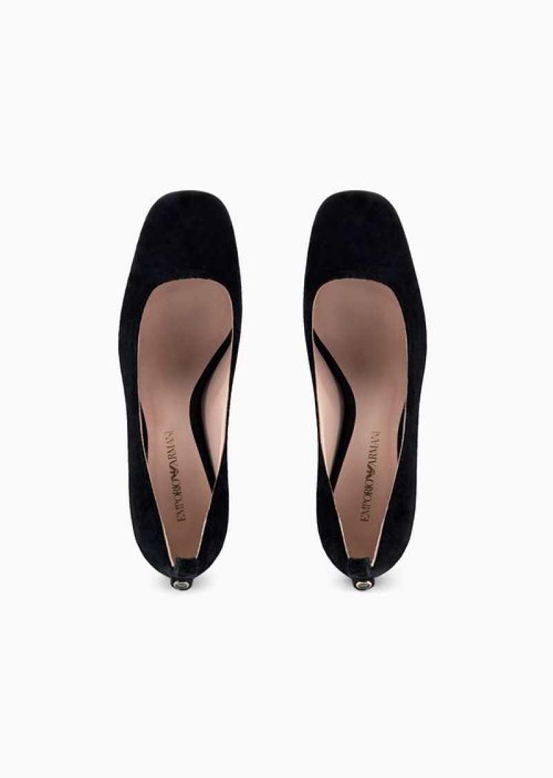 Black Emporio Armani Textured Velvet Court Shoes | EA-SN57151