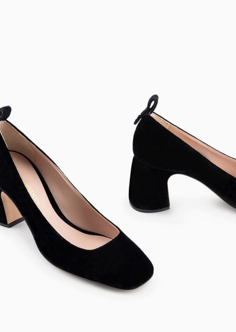 Black Emporio Armani Textured Velvet Court Shoes | EA-SN57151