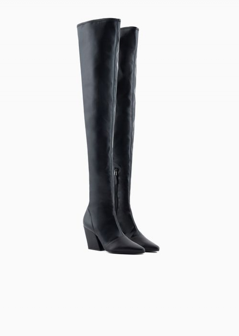 Black Emporio Armani Thigh-high Boots With Pitched Cowboy Heel | EA-SN57097