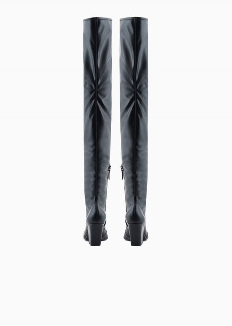 Black Emporio Armani Thigh-high Boots With Pitched Cowboy Heel | EA-SN57097