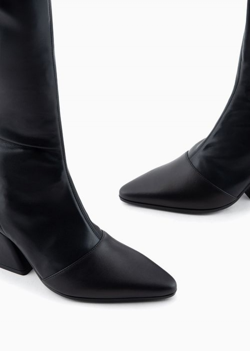 Black Emporio Armani Thigh-high Boots With Pitched Cowboy Heel | EA-SN57097