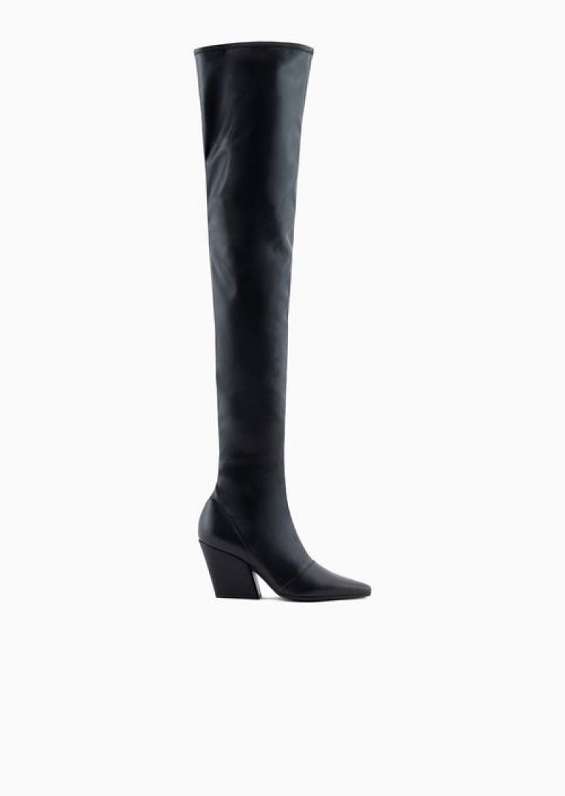 Black Emporio Armani Thigh-high Boots With Pitched Cowboy Heel | EA-SN57097