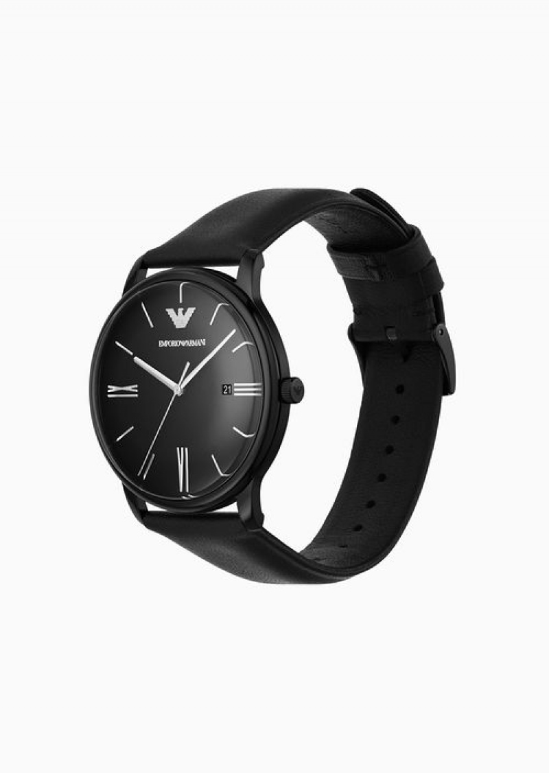 Black Emporio Armani Three-hand Date Black Leather Watch | EA-SN59344