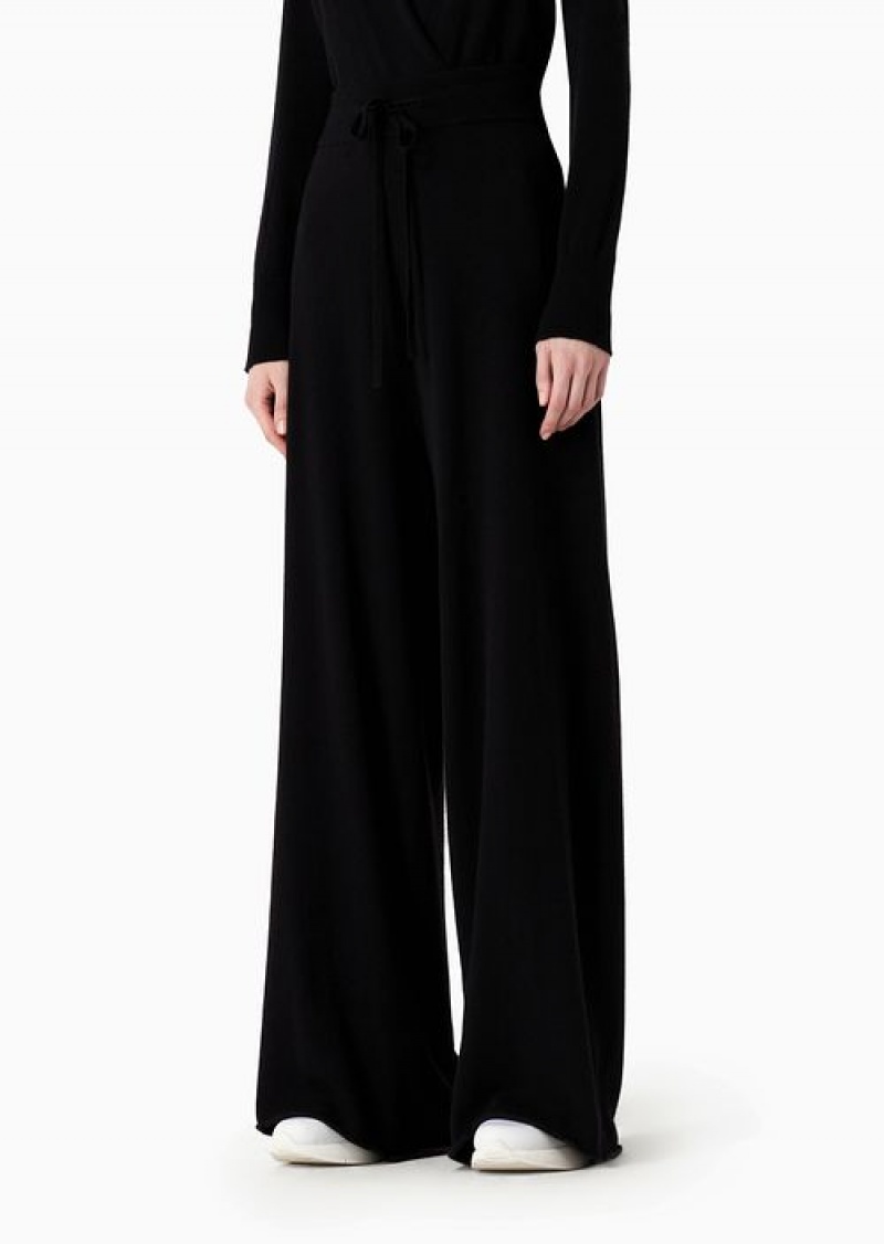 Black Emporio Armani Travel Essentials Plain-knit Palazzo Trousers With Drawstring | EA-SN56805