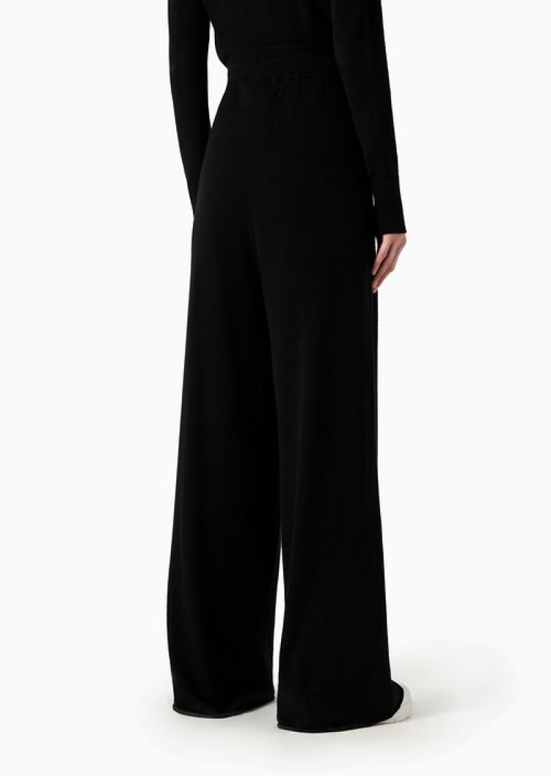 Black Emporio Armani Travel Essentials Plain-knit Palazzo Trousers With Drawstring | EA-SN56805