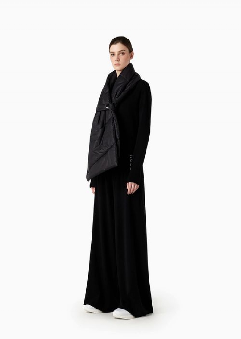 Black Emporio Armani Travel Essentials Plain-knit Palazzo Trousers With Drawstring | EA-SN56805