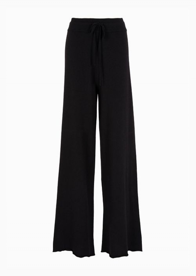 Black Emporio Armani Travel Essentials Plain-knit Palazzo Trousers With Drawstring | EA-SN56805