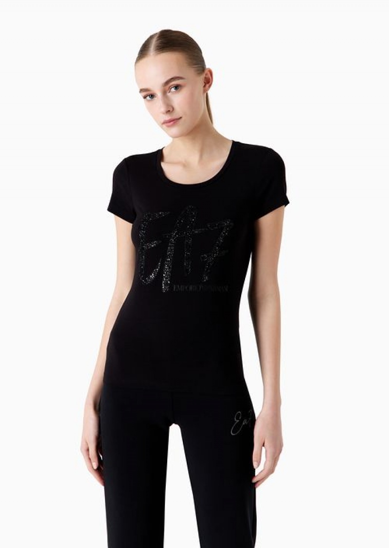 Black Emporio Armani T-shirt Girocollo Logo Series Crossover In Cotone Stretch Con Stampa | EA7-SN59640