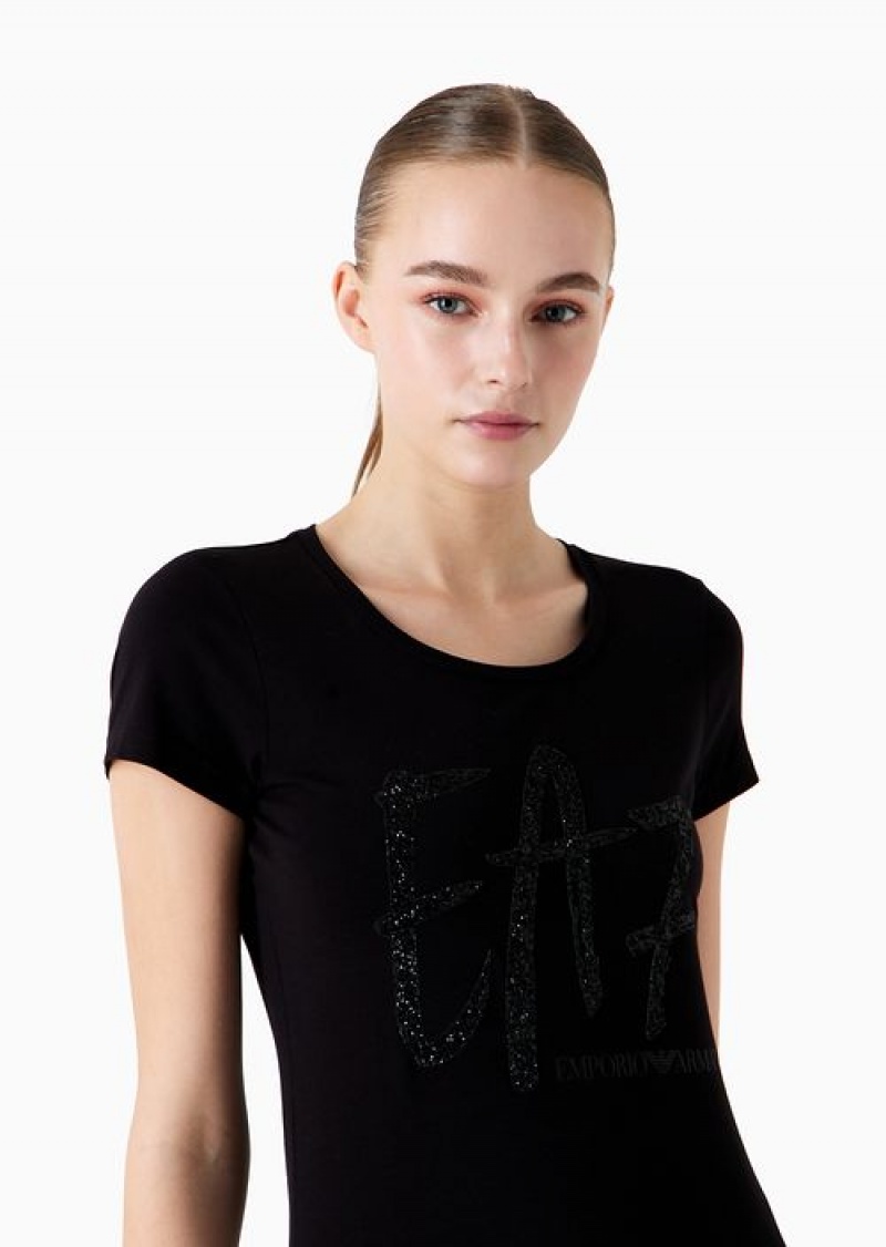 Black Emporio Armani T-shirt Girocollo Logo Series Crossover In Cotone Stretch Con Stampa | EA7-SN59640