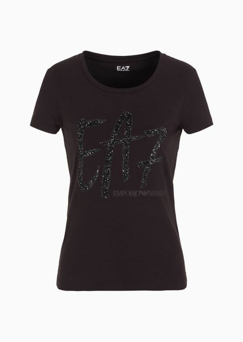 Black Emporio Armani T-shirt Girocollo Logo Series Crossover In Cotone Stretch Con Stampa | EA7-SN59640