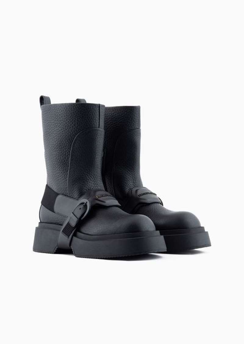 Black Emporio Armani Tumbled Leather Ankle Boots With Straps | EA-SN58840