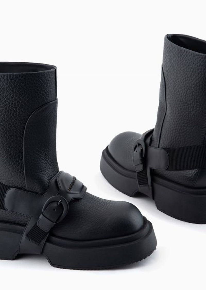 Black Emporio Armani Tumbled Leather Ankle Boots With Straps | EA-SN58840