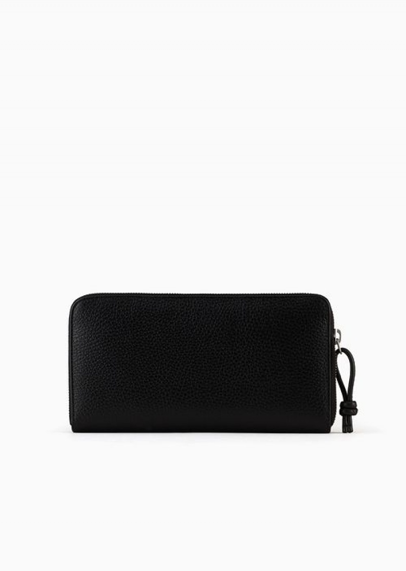 Black Emporio Armani Tumbled Leather Wallet With Wrap-around Zip | EA-SN59285