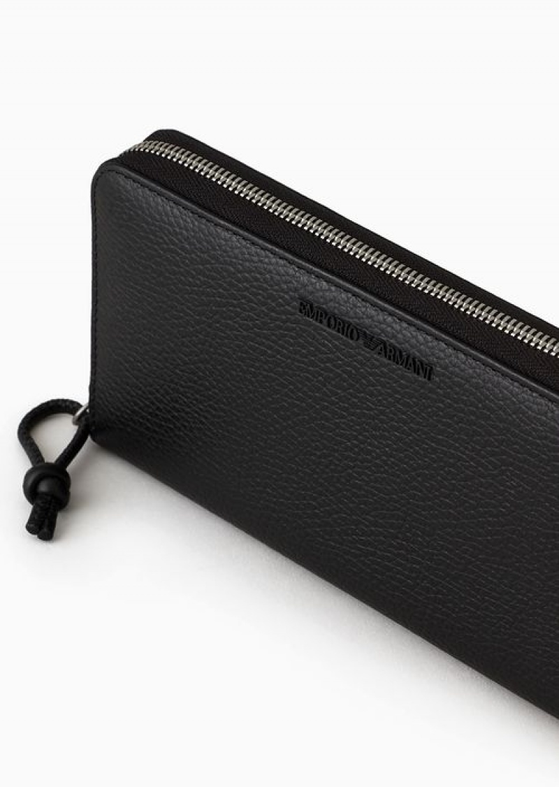 Black Emporio Armani Tumbled Leather Wallet With Wrap-around Zip | EA-SN59285