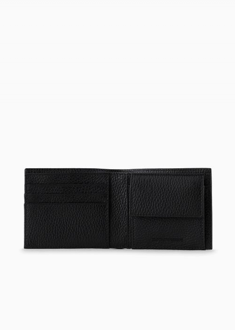 Black Emporio Armani Tumbled Leather Wallet With Coin Pocket | EA-SN59291