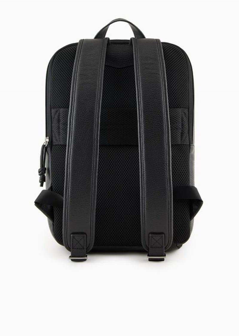 Black Emporio Armani Tumbled-leather Backpack With Laptop Compartment | EA-SN59030