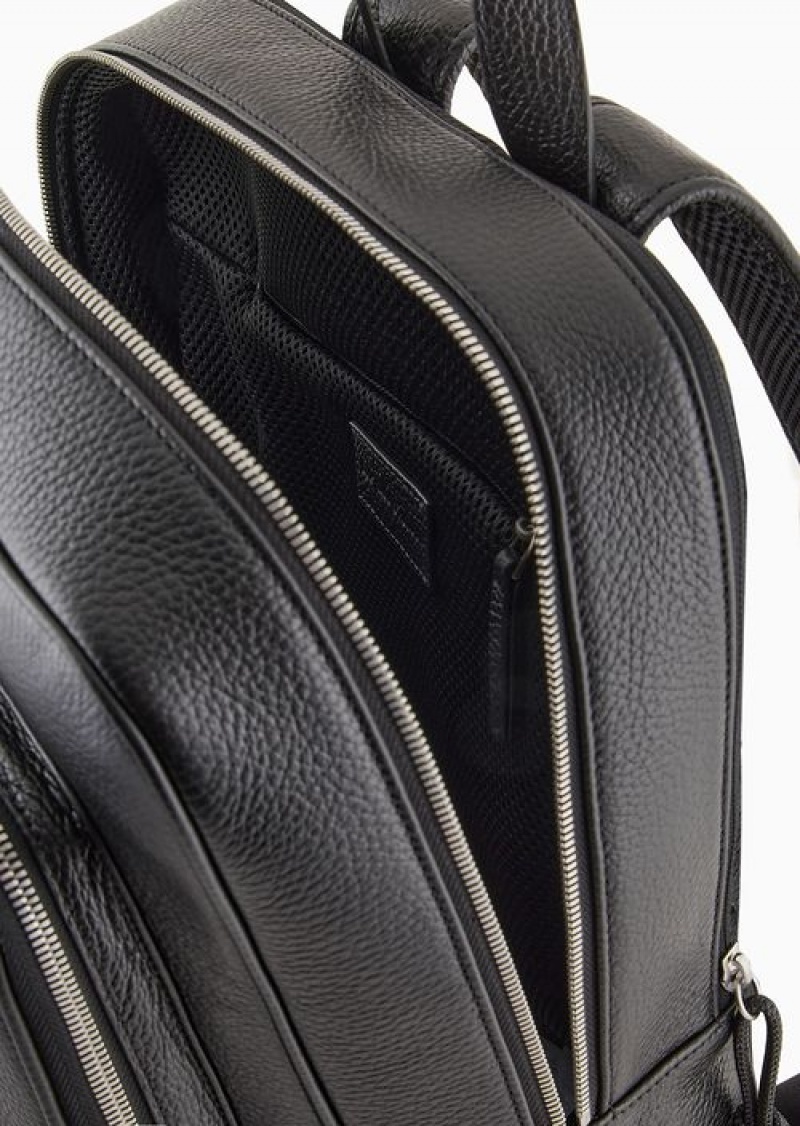 Black Emporio Armani Tumbled-leather Backpack With Laptop Compartment | EA-SN59030