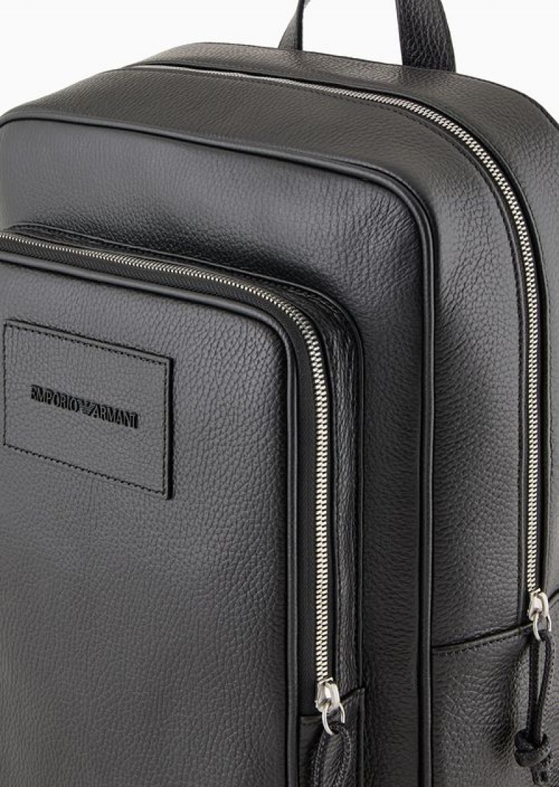 Black Emporio Armani Tumbled-leather Backpack With Laptop Compartment | EA-SN59030