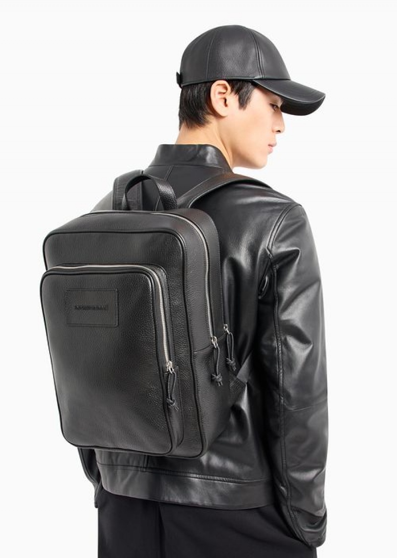 Black Emporio Armani Tumbled-leather Backpack With Laptop Compartment | EA-SN59030