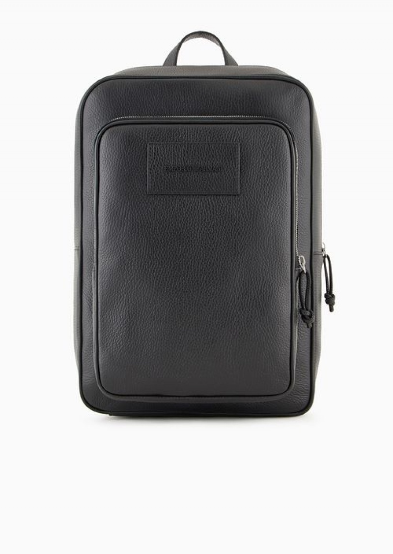 Black Emporio Armani Tumbled-leather Backpack With Laptop Compartment | EA-SN59030