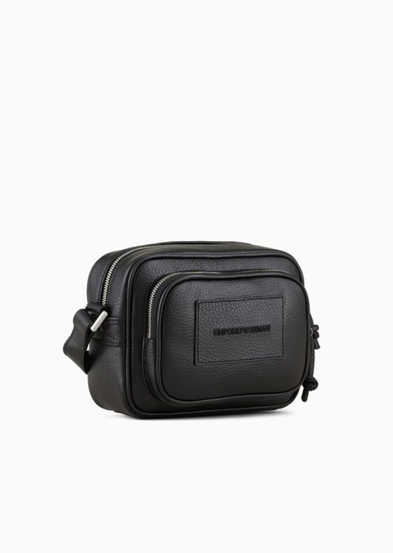 Black Emporio Armani Tumbled-leather Camera Case With Shoulder Strap | EA-SN59066