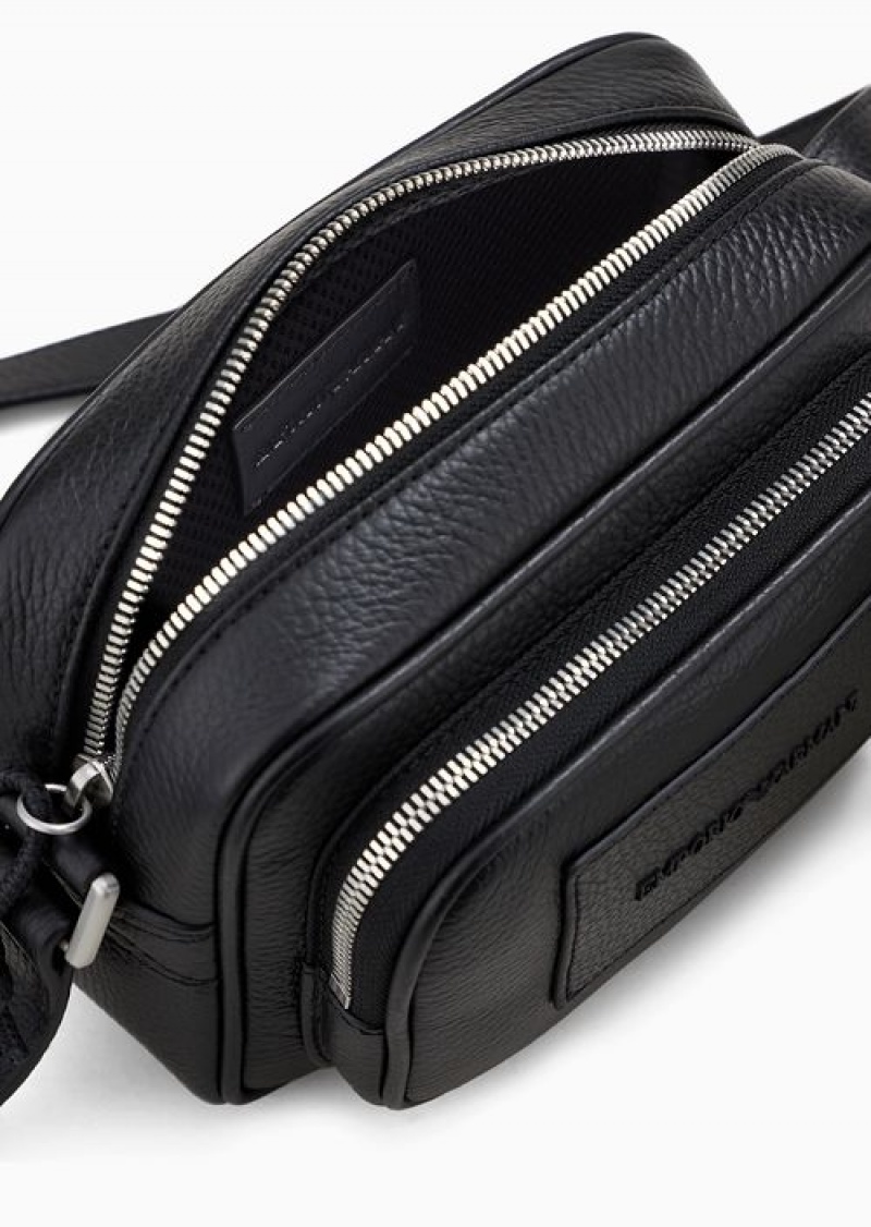 Black Emporio Armani Tumbled-leather Camera Case With Shoulder Strap | EA-SN59066