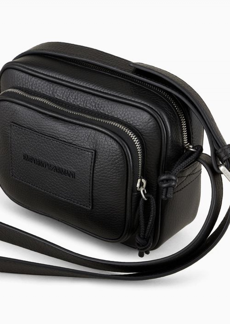 Black Emporio Armani Tumbled-leather Camera Case With Shoulder Strap | EA-SN59066