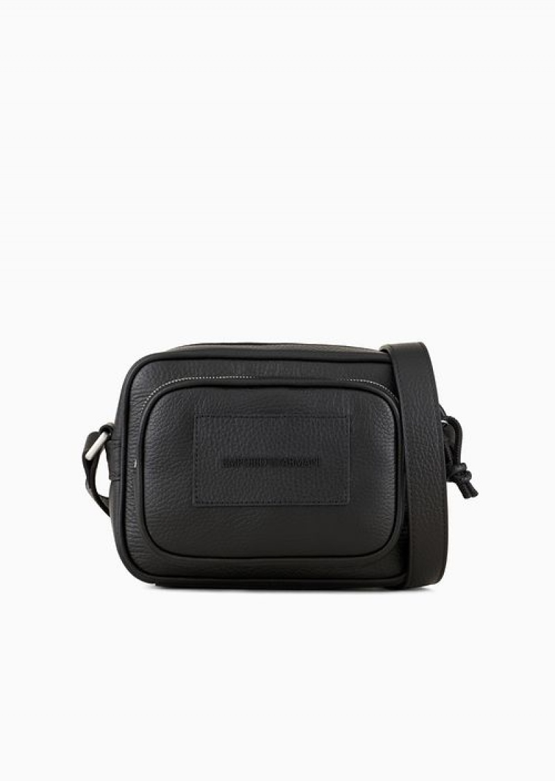 Black Emporio Armani Tumbled-leather Camera Case With Shoulder Strap | EA-SN59066