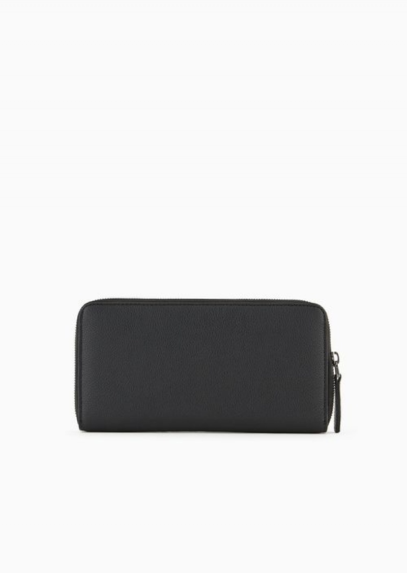 Black Emporio Armani Tumbled-leather Zip-around Wallet With Outer Pocket | EA-SN59268