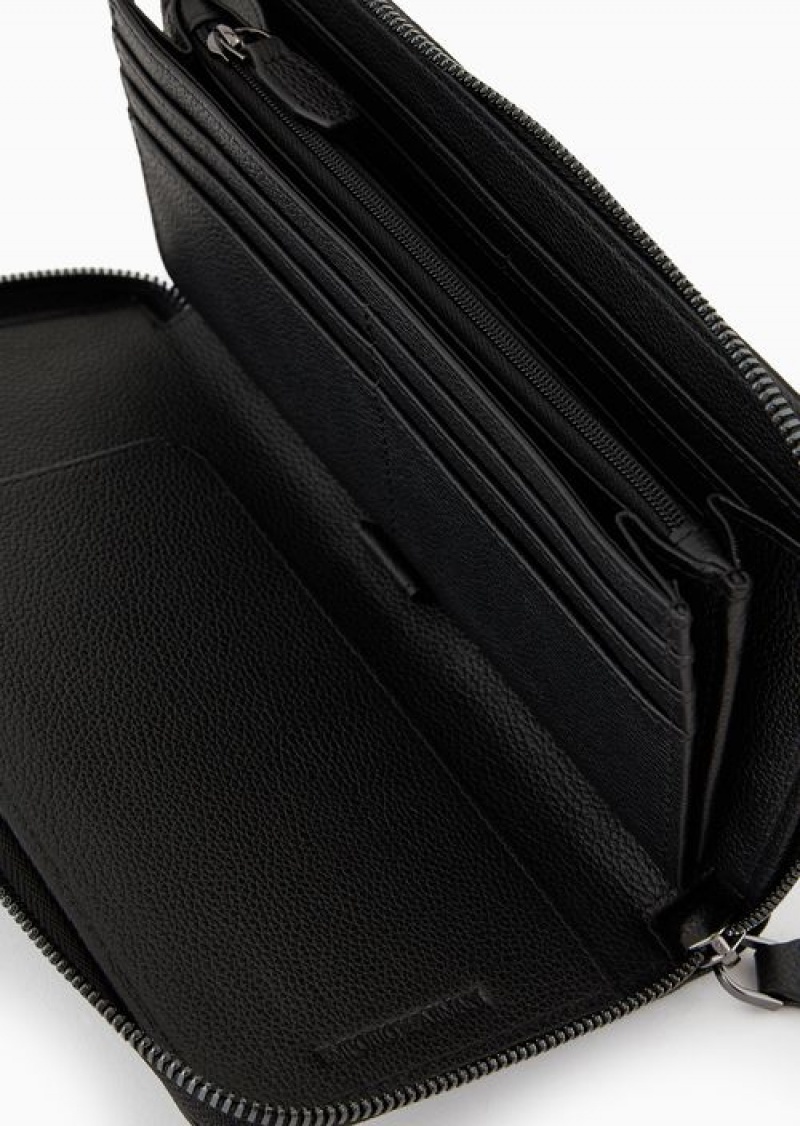 Black Emporio Armani Tumbled-leather Zip-around Wallet With Outer Pocket | EA-SN59268