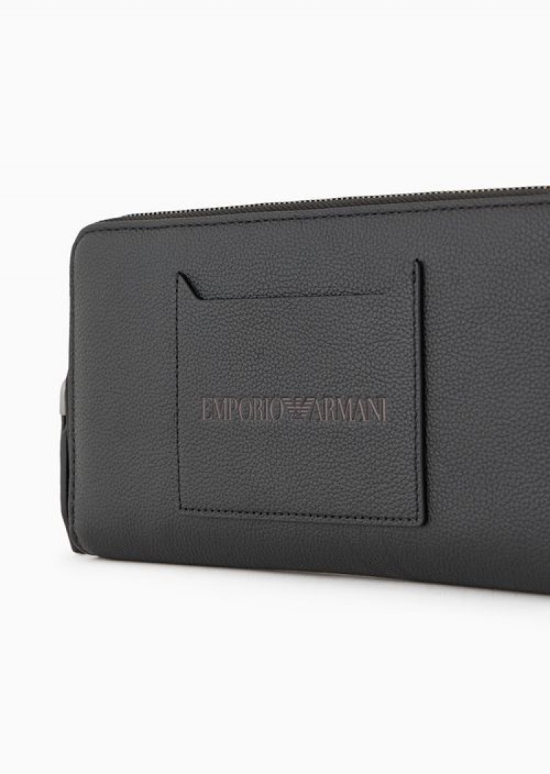 Black Emporio Armani Tumbled-leather Zip-around Wallet With Outer Pocket | EA-SN59268