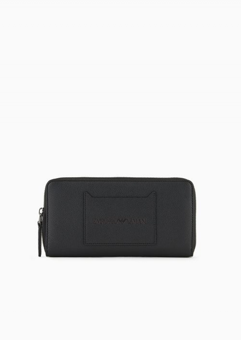 Black Emporio Armani Tumbled-leather Zip-around Wallet With Outer Pocket | EA-SN59268