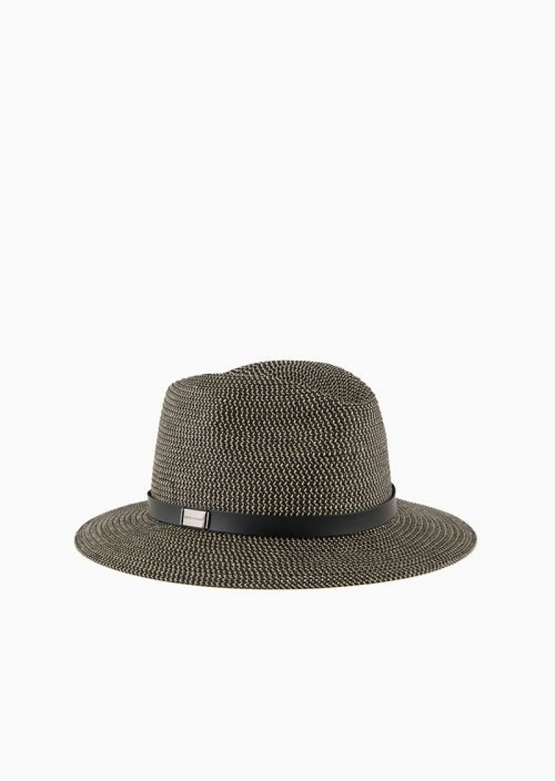 Black Emporio Armani Two-toned, Woven Paper-yarn Hat | EA-SN57477