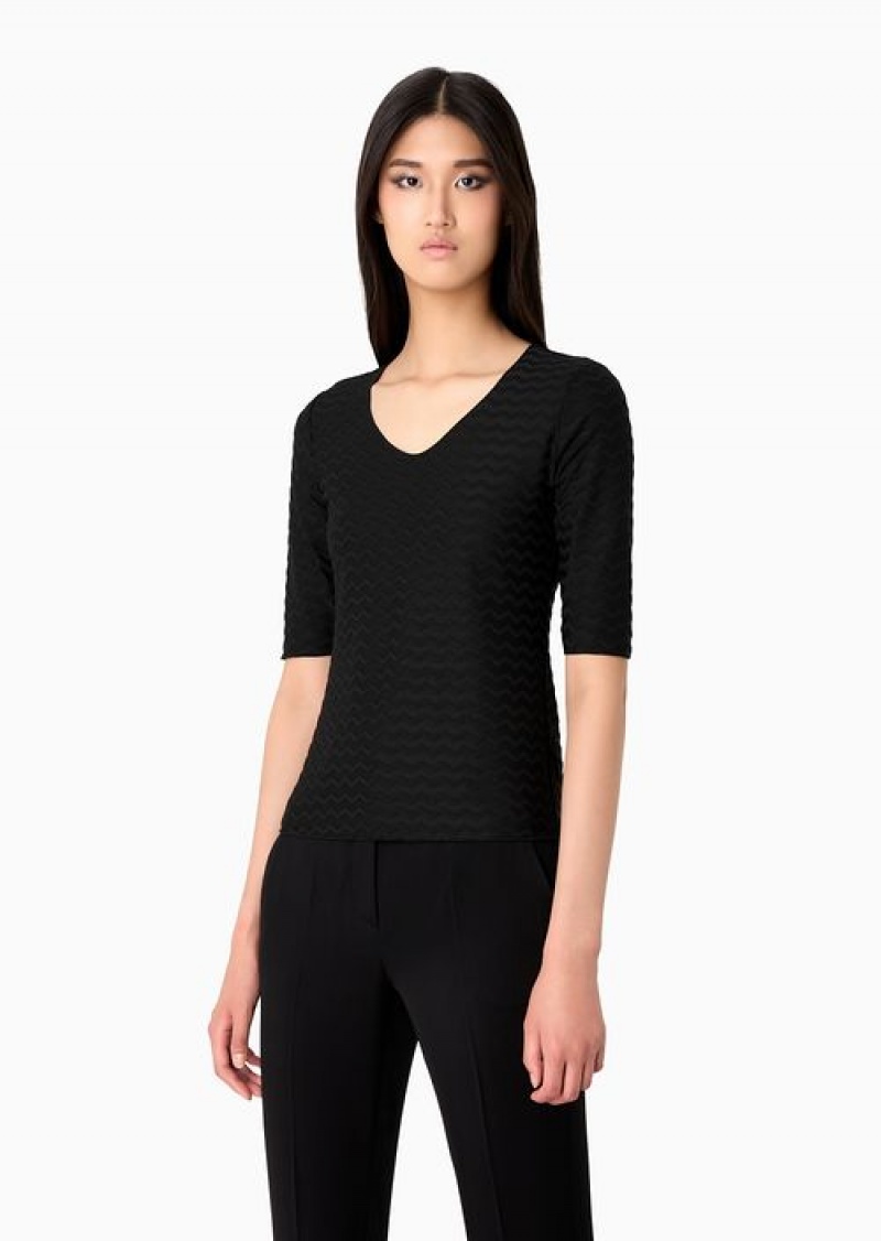 Black Emporio Armani Two-way Stretch Jacquard Jersey V-neck Jumper With Three-quarter Length Sleeves | EA-SN57042