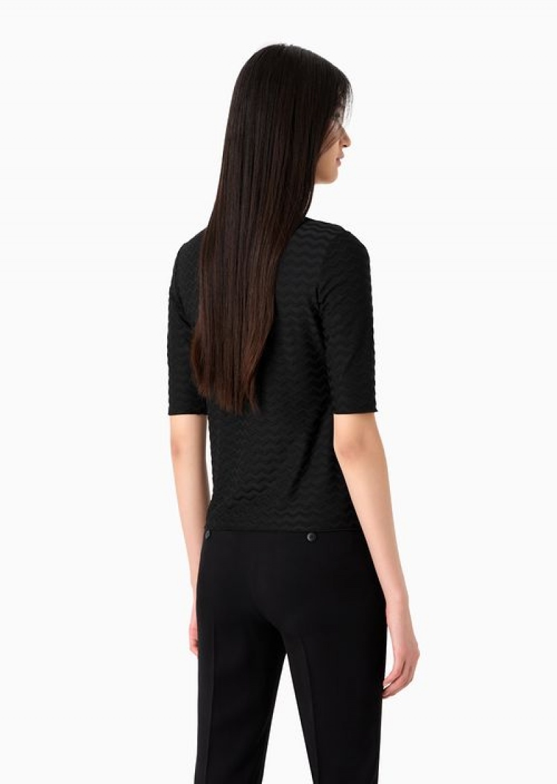 Black Emporio Armani Two-way Stretch Jacquard Jersey V-neck Jumper With Three-quarter Length Sleeves | EA-SN57042