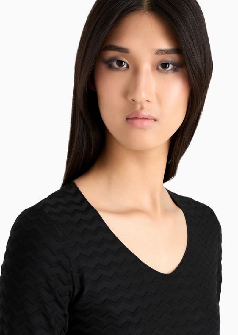 Black Emporio Armani Two-way Stretch Jacquard Jersey V-neck Jumper With Three-quarter Length Sleeves | EA-SN57042