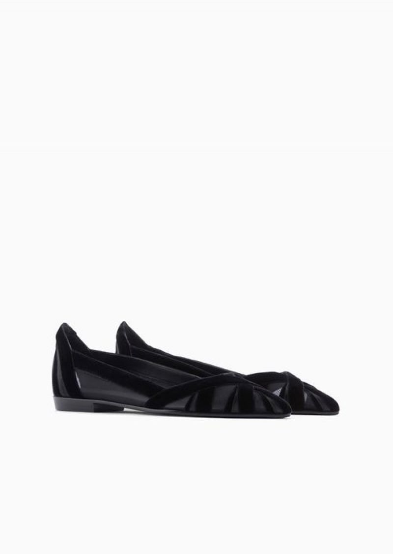 Black Emporio Armani Velvet And Satin Pointed Ballerinas | EA-SN57132