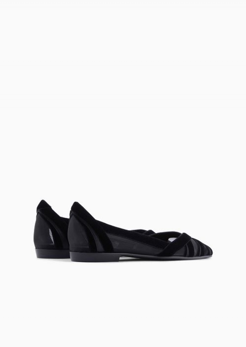 Black Emporio Armani Velvet And Satin Pointed Ballerinas | EA-SN57132