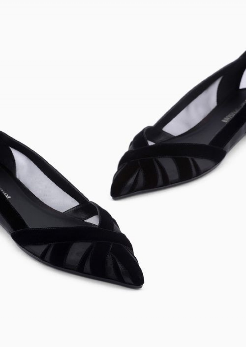 Black Emporio Armani Velvet And Satin Pointed Ballerinas | EA-SN57132