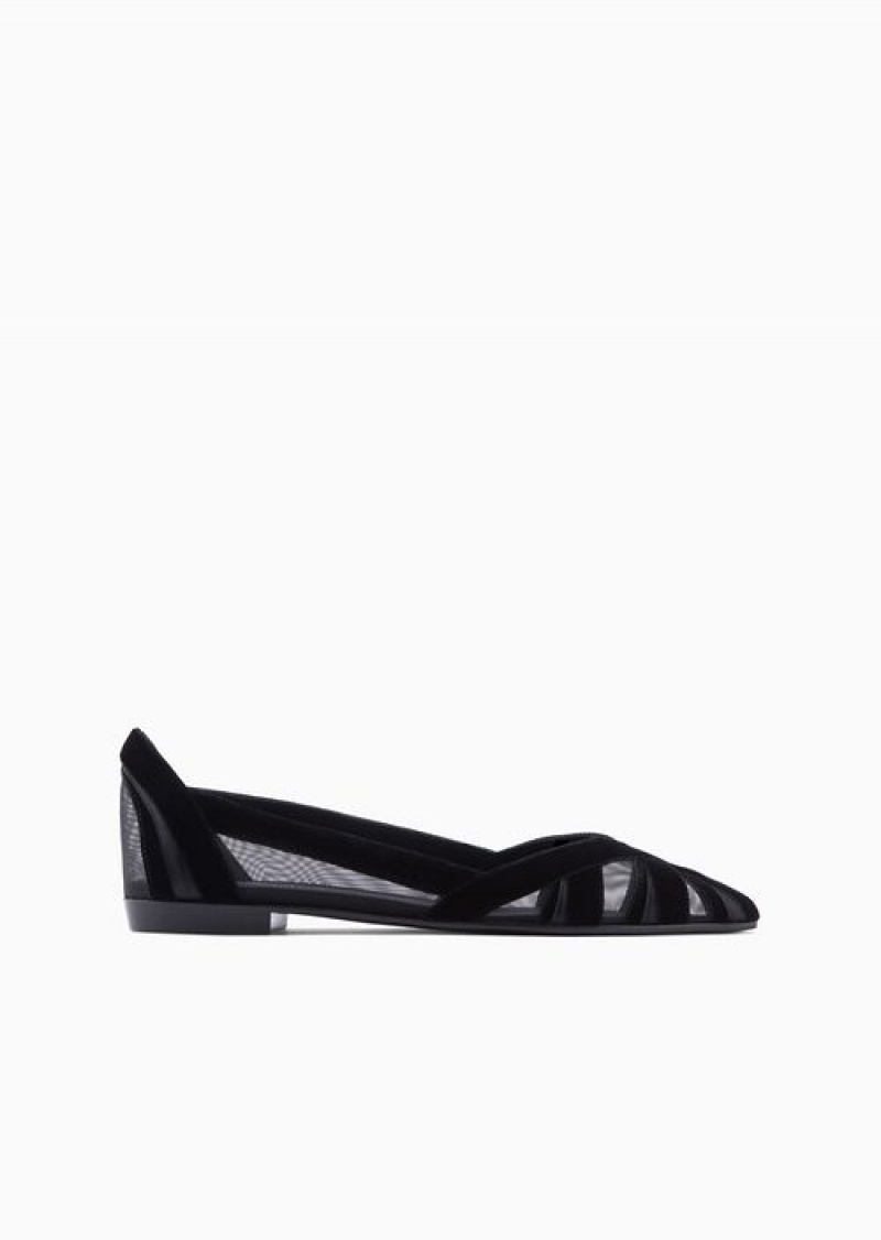 Black Emporio Armani Velvet And Satin Pointed Ballerinas | EA-SN57132