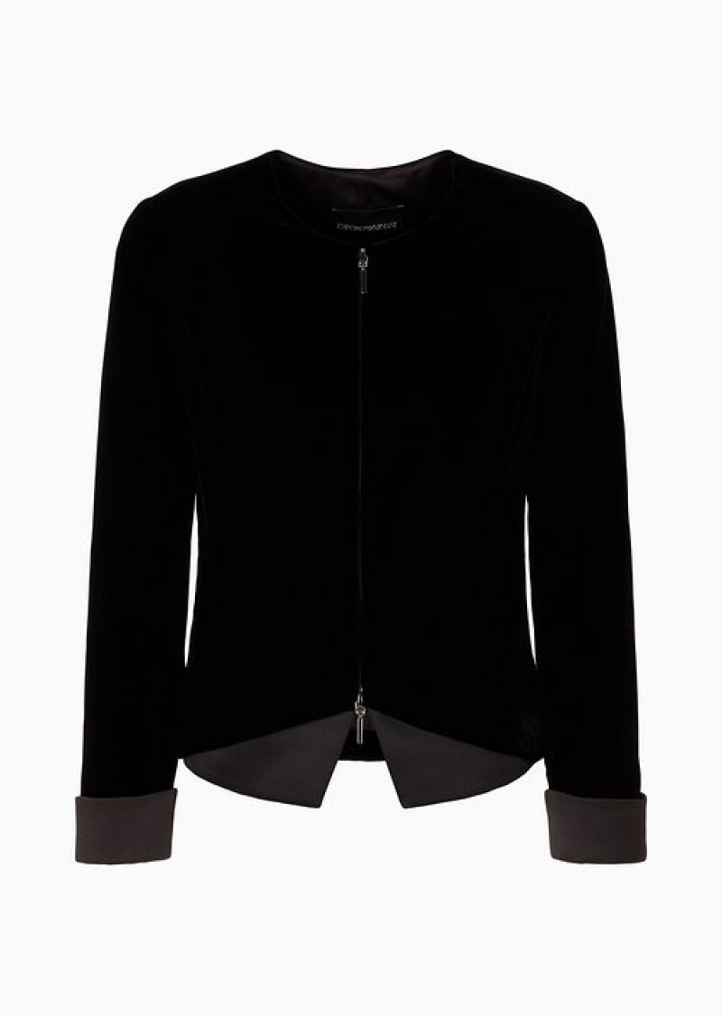 Black Emporio Armani Velvet Zip-up Jacket With Satin Details | EA-SN56465