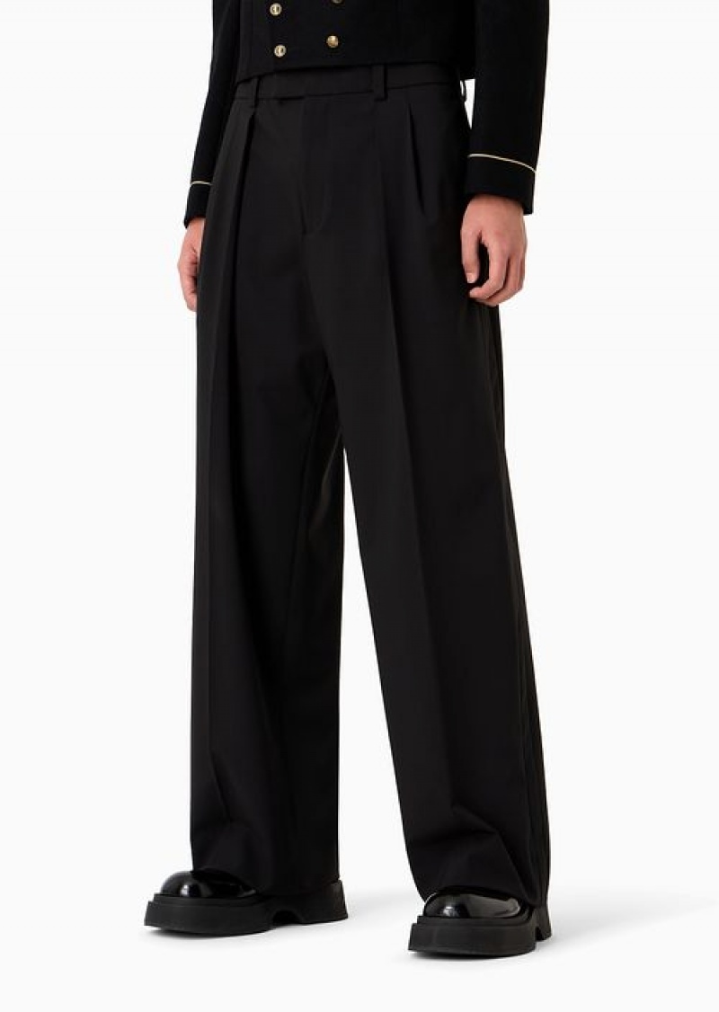 Black Emporio Armani Virgin-wool Two-way Stretch Canvas Trousers With Darts | EA-SN58381