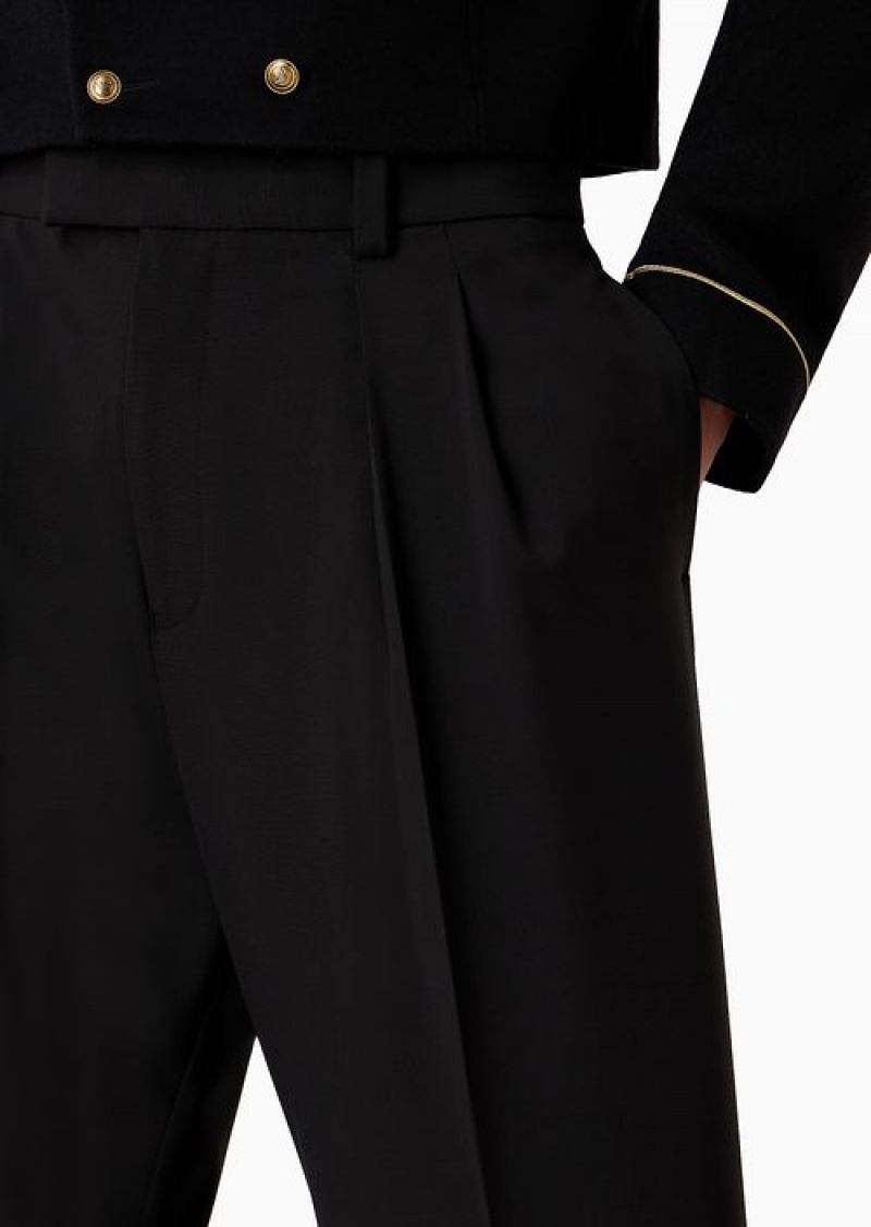 Black Emporio Armani Virgin-wool Two-way Stretch Canvas Trousers With Darts | EA-SN58381