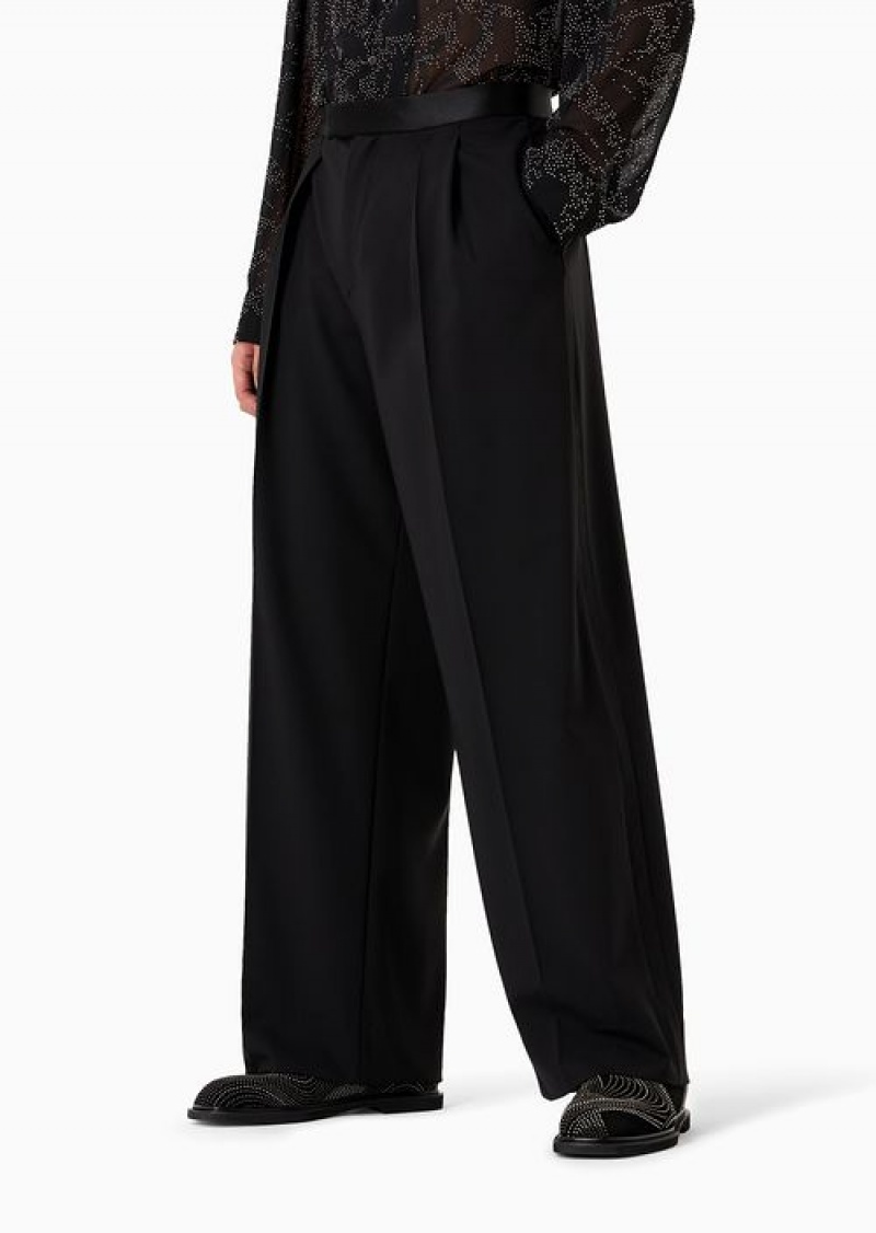 Black Emporio Armani Virgin-wool Two-way Stretch Canvas Trousers With Godet Pleats | EA-SN58382