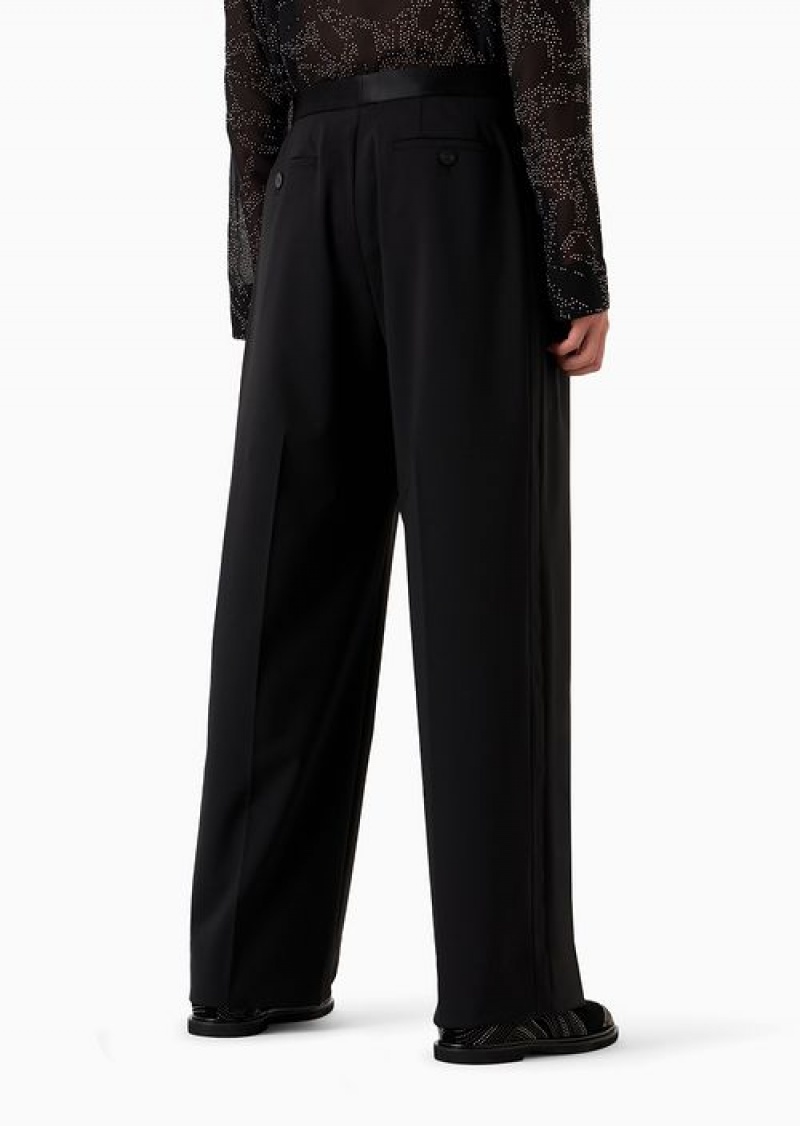 Black Emporio Armani Virgin-wool Two-way Stretch Canvas Trousers With Godet Pleats | EA-SN58382