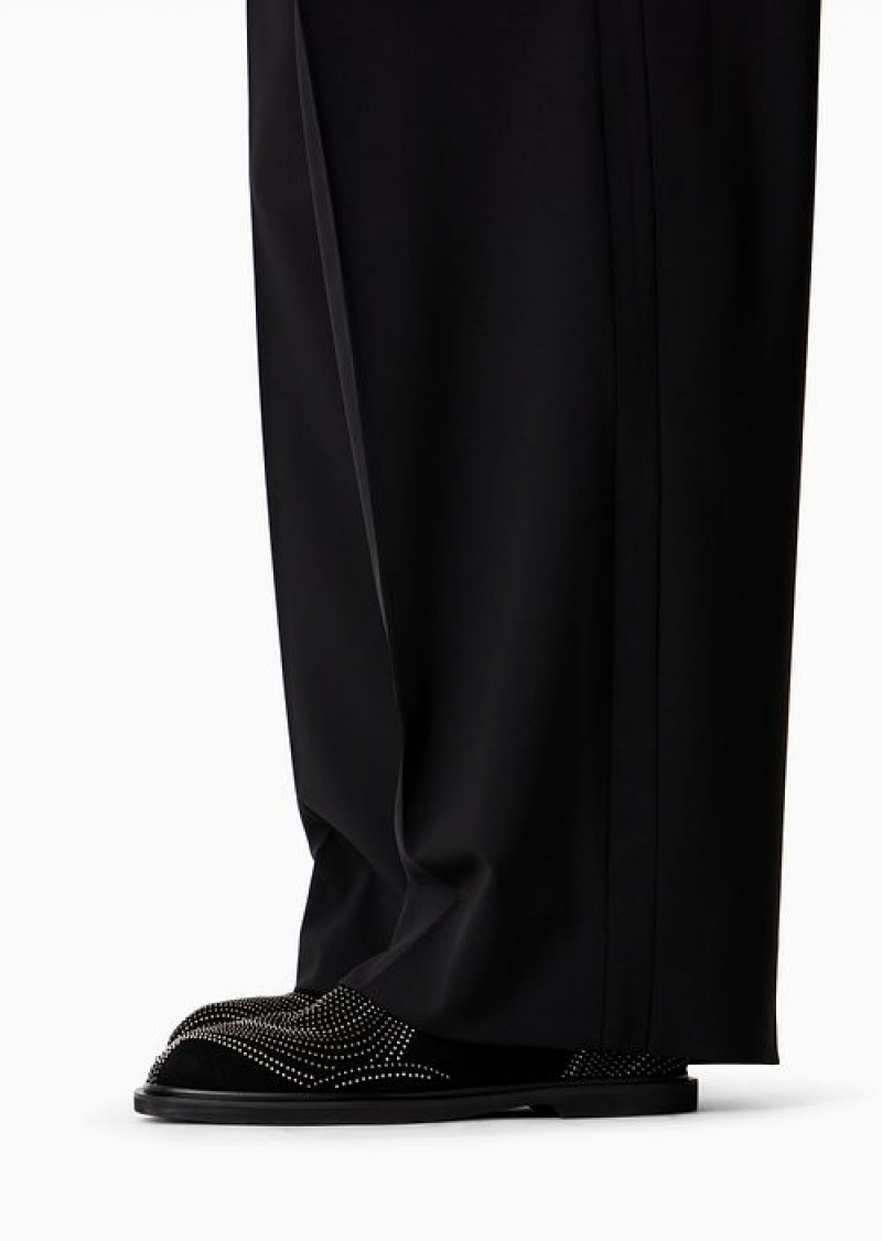 Black Emporio Armani Virgin-wool Two-way Stretch Canvas Trousers With Godet Pleats | EA-SN58382