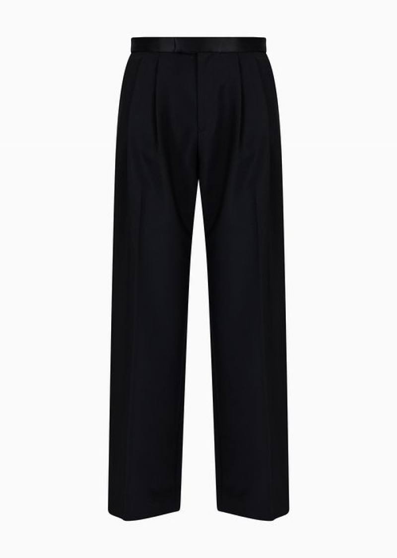 Black Emporio Armani Virgin-wool Two-way Stretch Canvas Trousers With Godet Pleats | EA-SN58382