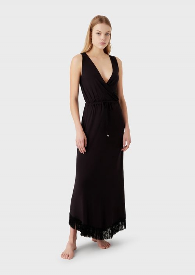 Black Emporio Armani Viscose Long Beach Dress With Fringing | EA-SN57080