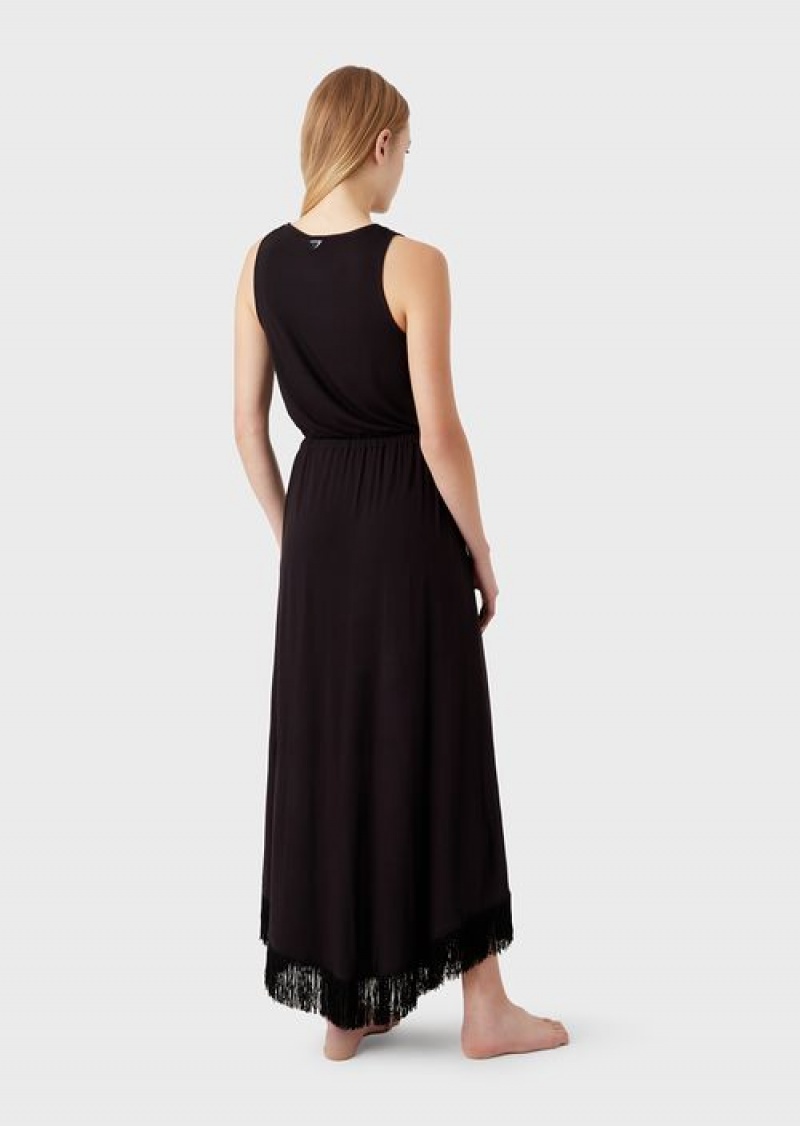 Black Emporio Armani Viscose Long Beach Dress With Fringing | EA-SN57080