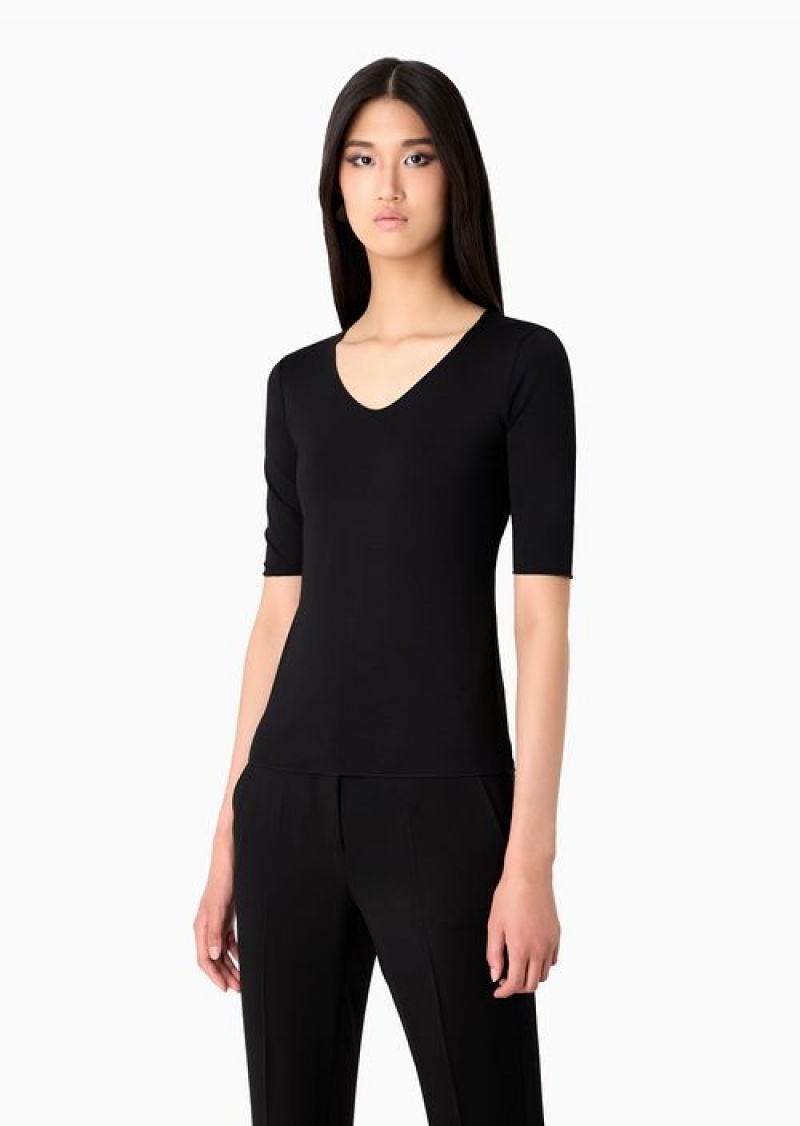 Black Emporio Armani Viscose Stretch Jersey V-neck Jumper With Three-quarter Length Sleeves | EA-SN57041